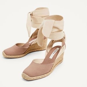 ZARA dusty rose espadrilles wide lace up wedge